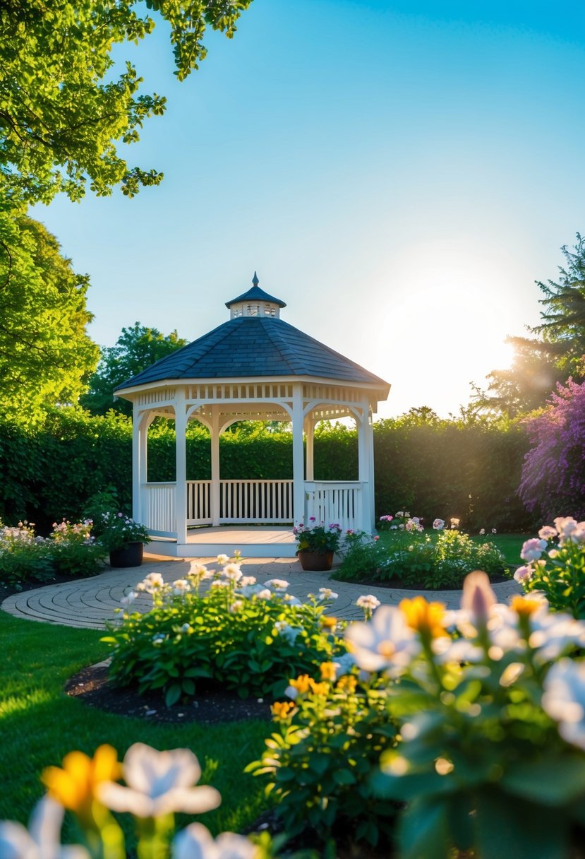 A peaceful garden with a gazebo, surrounded by blooming flowers and lush greenery. A clear blue sky overhead, with the sun casting a warm glow