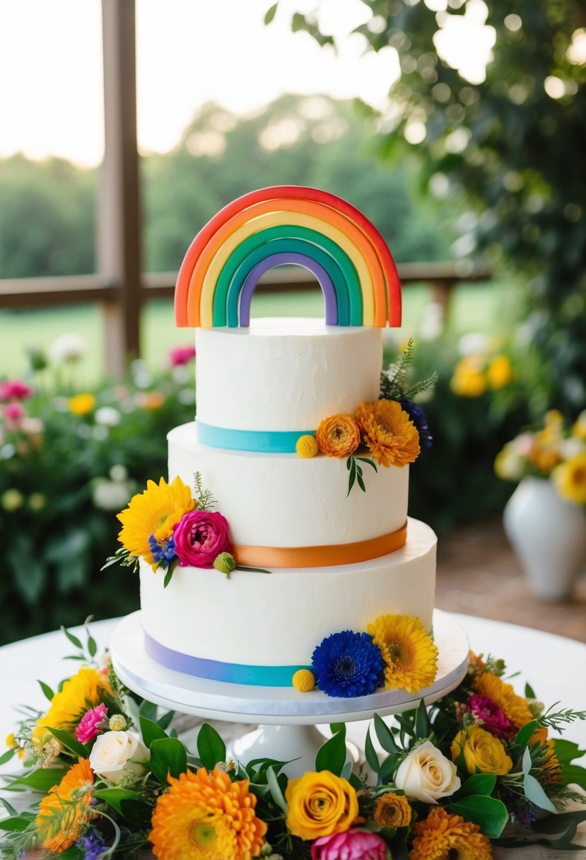 A white wedding cake adorned with a colorful rainbow topper sits on a table, surrounded by vibrant summer flowers and foliage