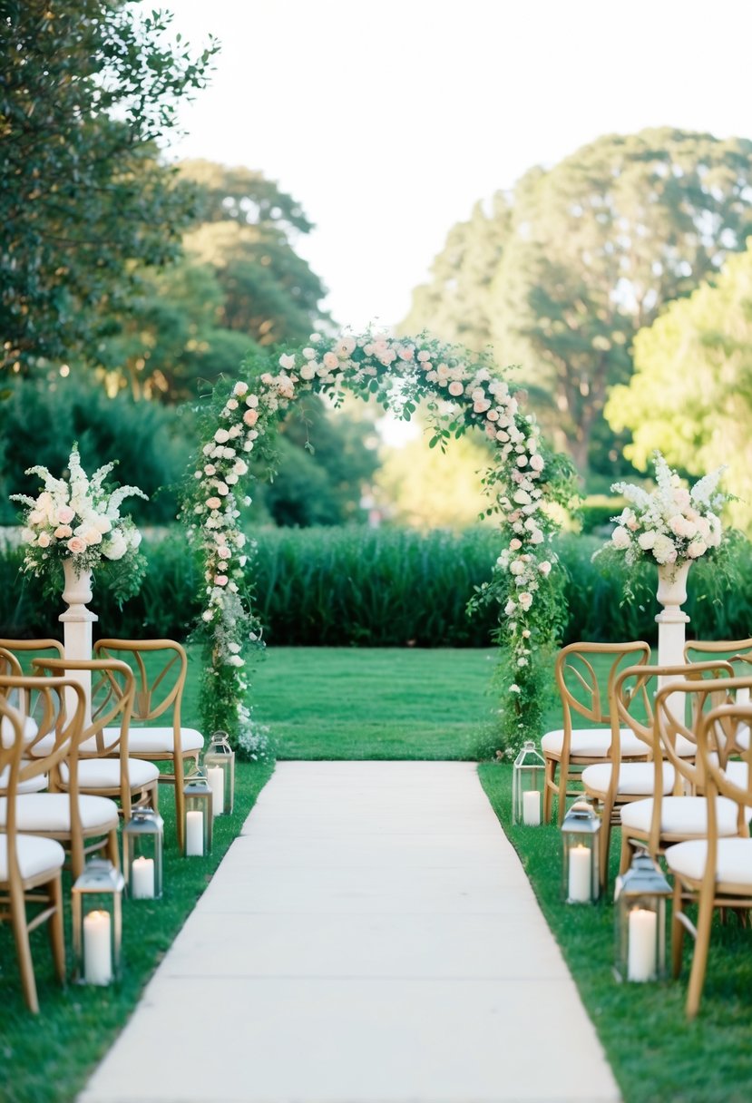 A serene outdoor wedding with a lush garden, elegant seating, and a beautiful arch adorned with flowers