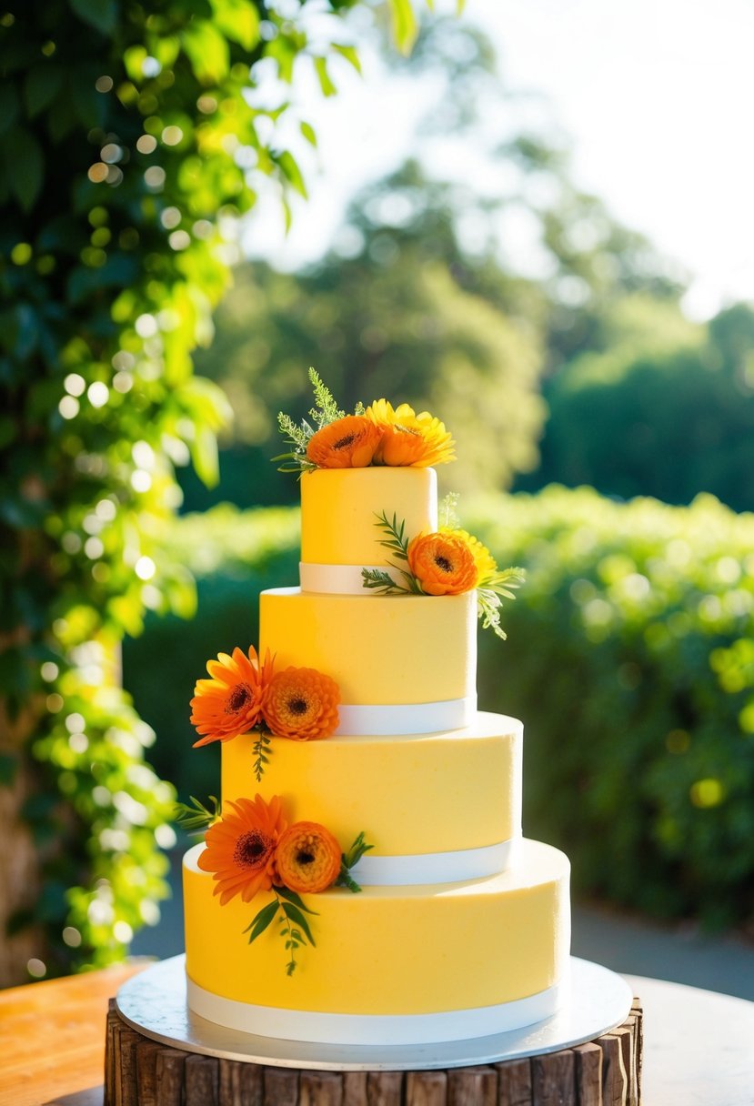 A three-tiered yellow cake adorned with fresh orange flowers, set against a backdrop of lush greenery and warm sunlight