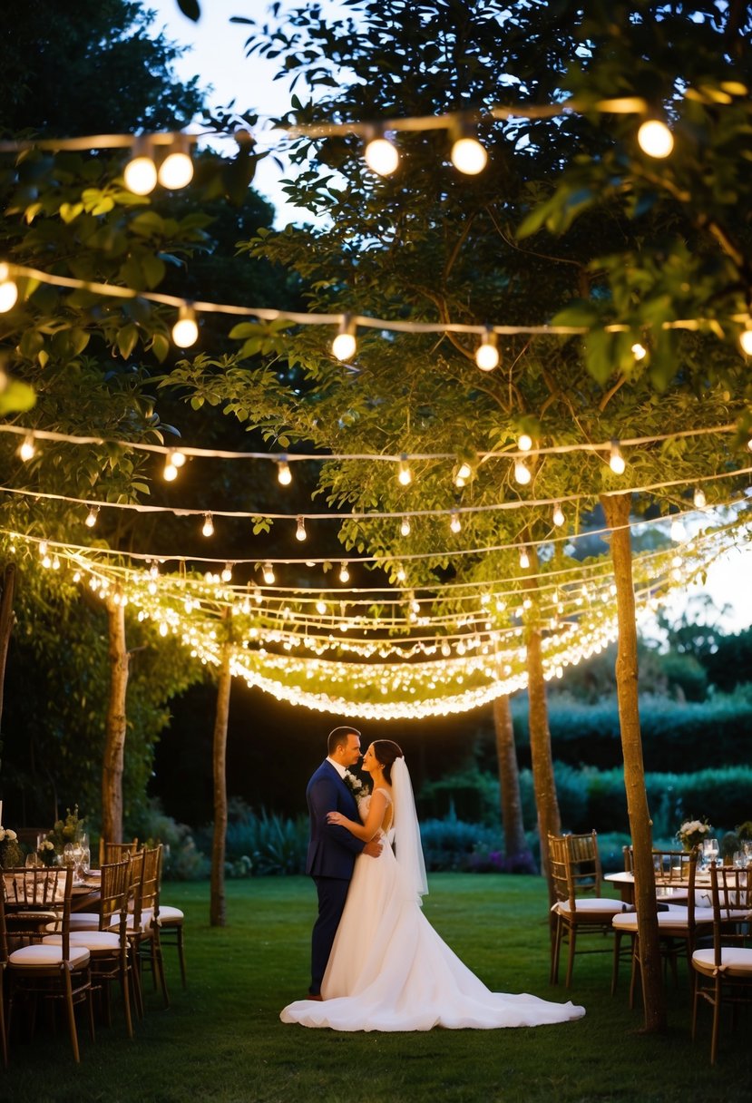 Festoon lights drape across a garden, casting a warm glow over an outdoor wedding. Trees and foliage create a natural backdrop for the romantic ambiance