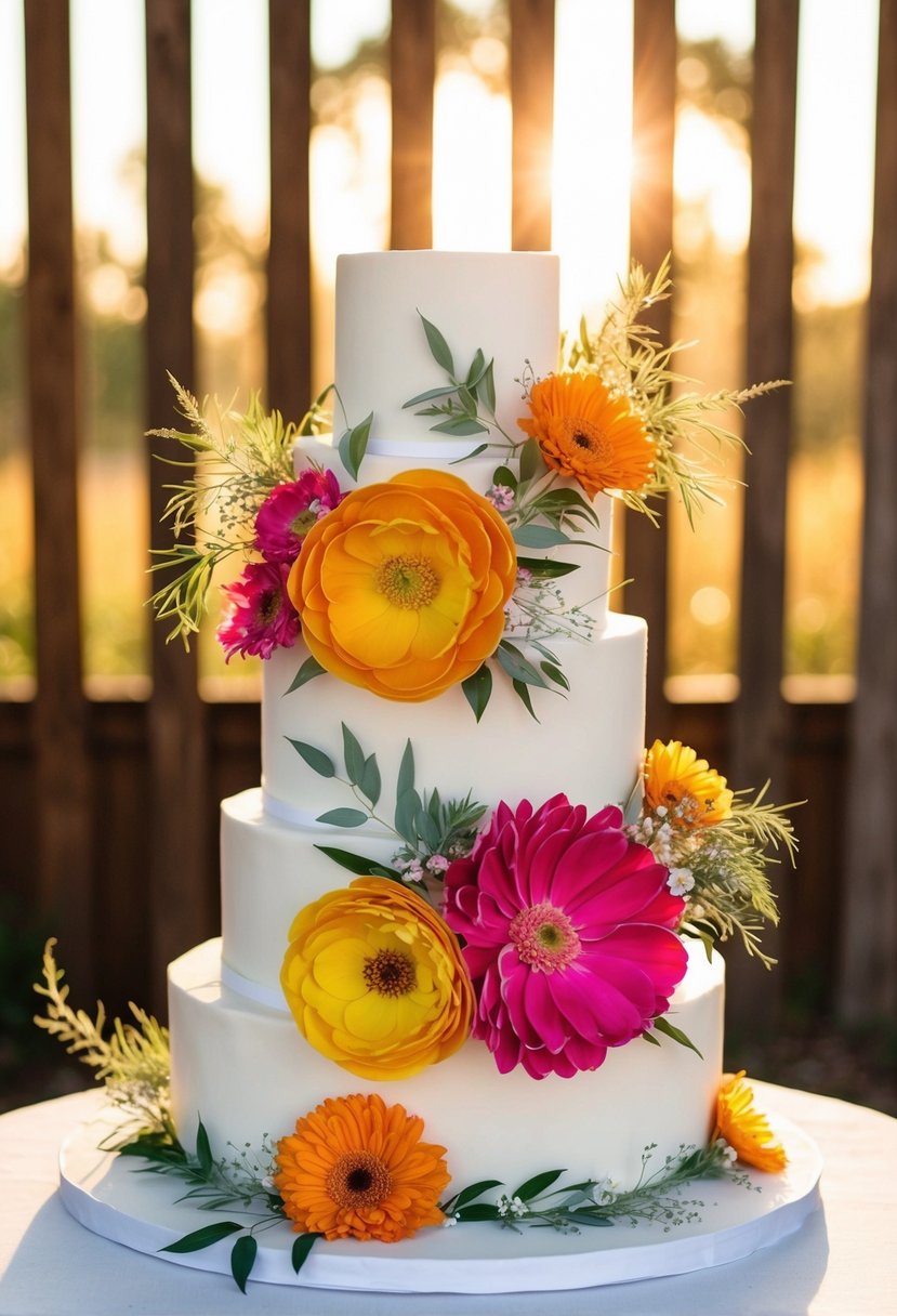 A three-tiered cake adorned with vibrant, oversized flowers and delicate greenery, set against a backdrop of warm, golden sunlight