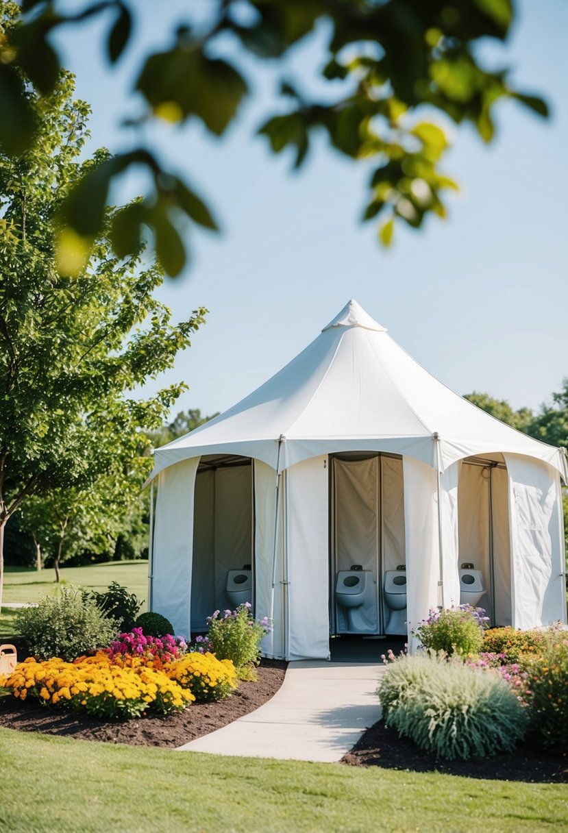 A sunny outdoor wedding with a white tent and accessible restrooms nestled among colorful flowers and greenery