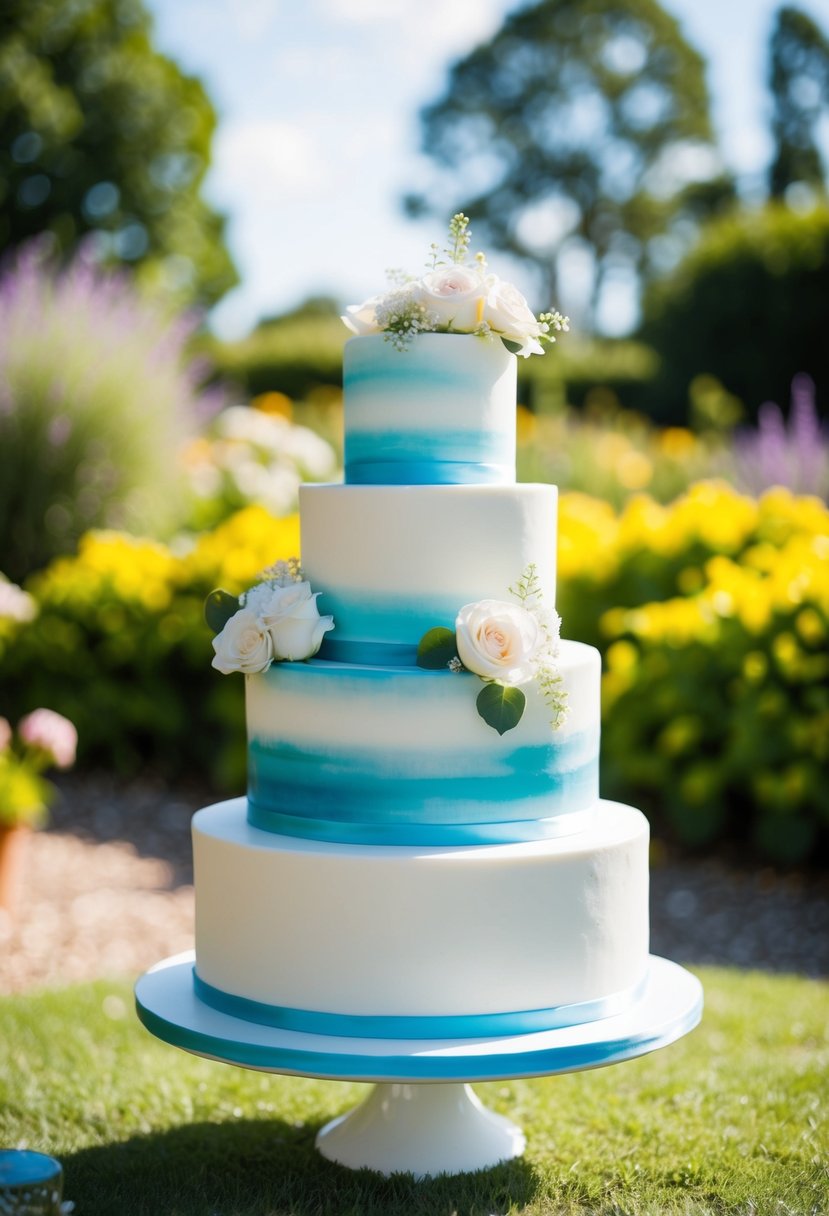 A three-tiered wedding cake with airbrushed colors in a summer garden setting