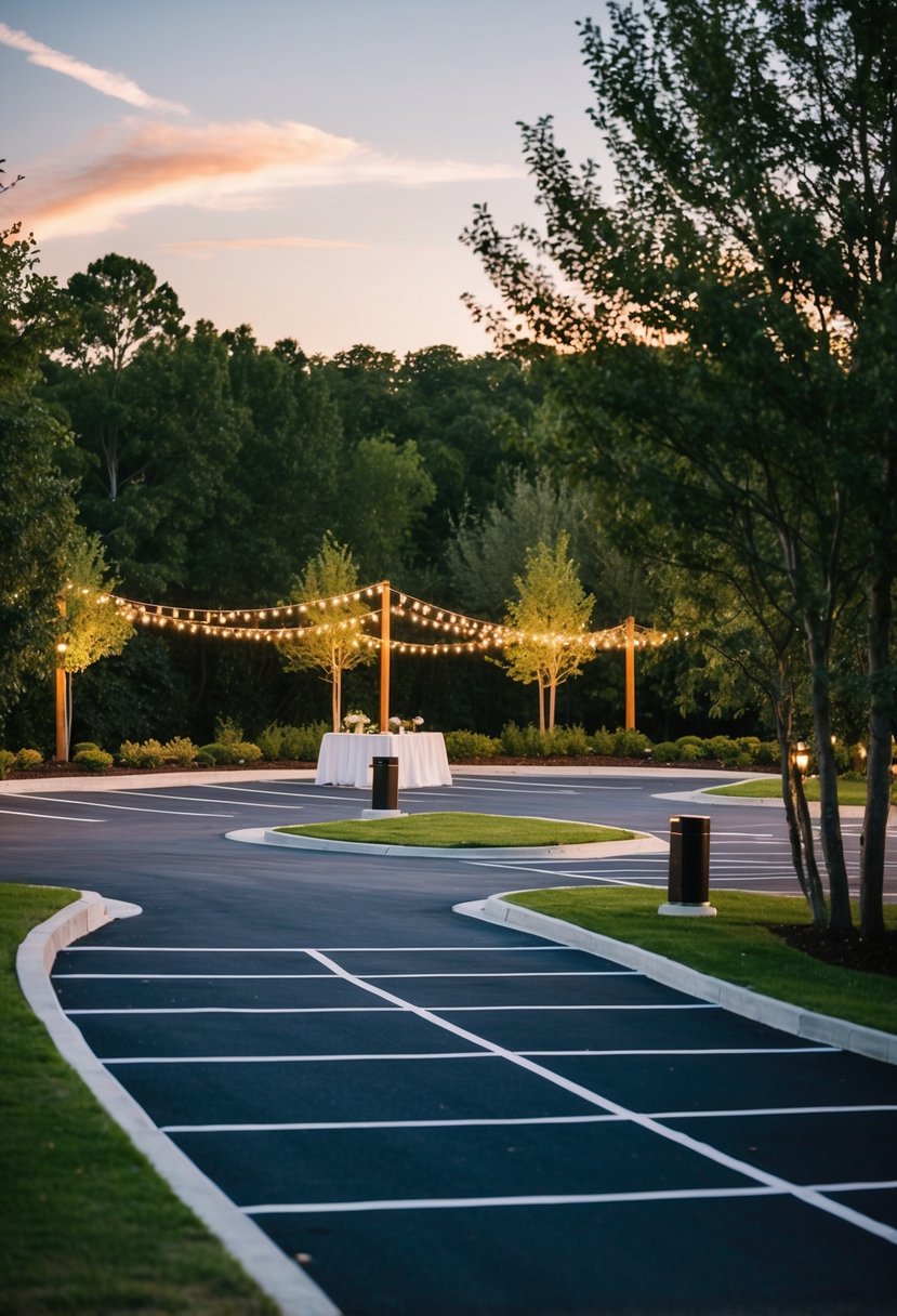 An outdoor wedding venue with designated parking areas surrounded by trees and decorative lighting