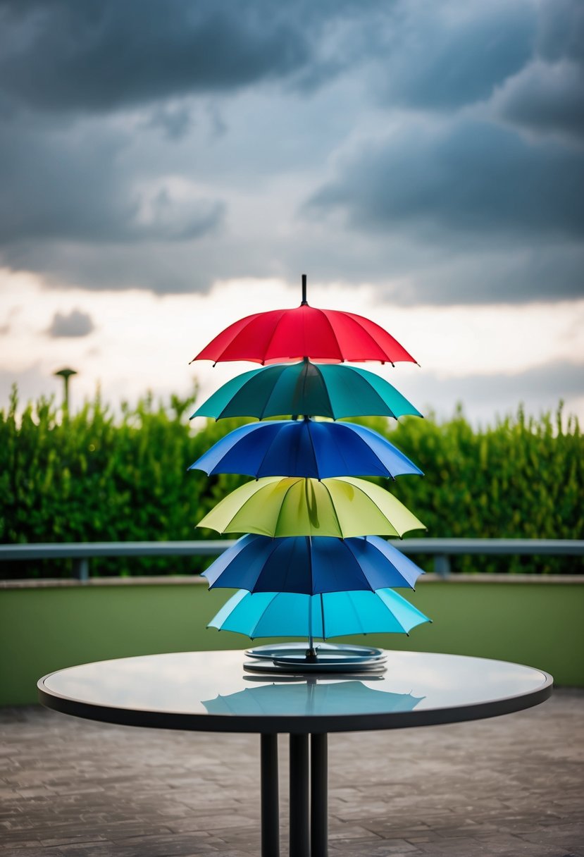 A table with a stack of colorful umbrellas, set against a background of greenery and a cloudy sky