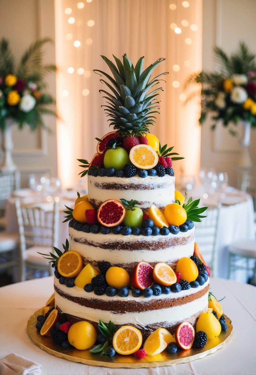 A dome-shaped fruit cake adorned with vibrant summer fruits and flowers, set against a backdrop of elegant wedding decor