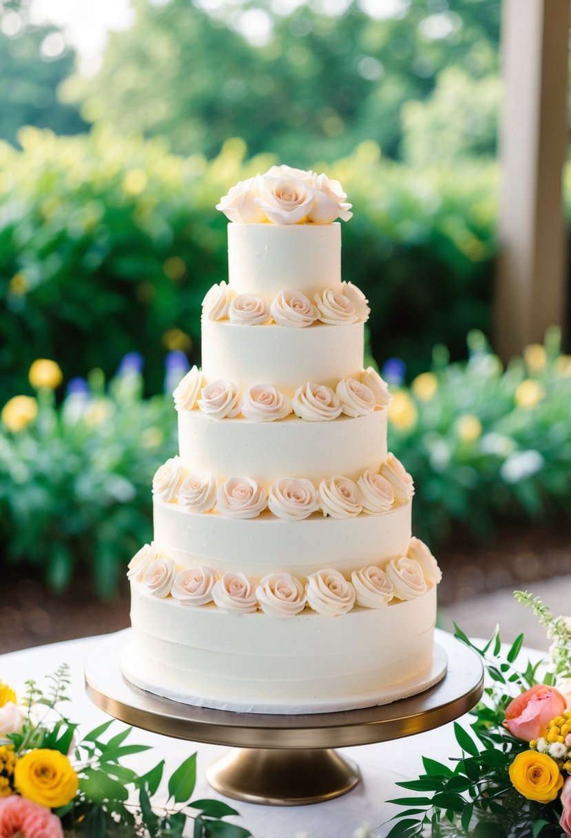 A three-tiered wedding cake adorned with delicate Swiss Meringue Buttercream roses, set against a backdrop of lush greenery and vibrant summer flowers