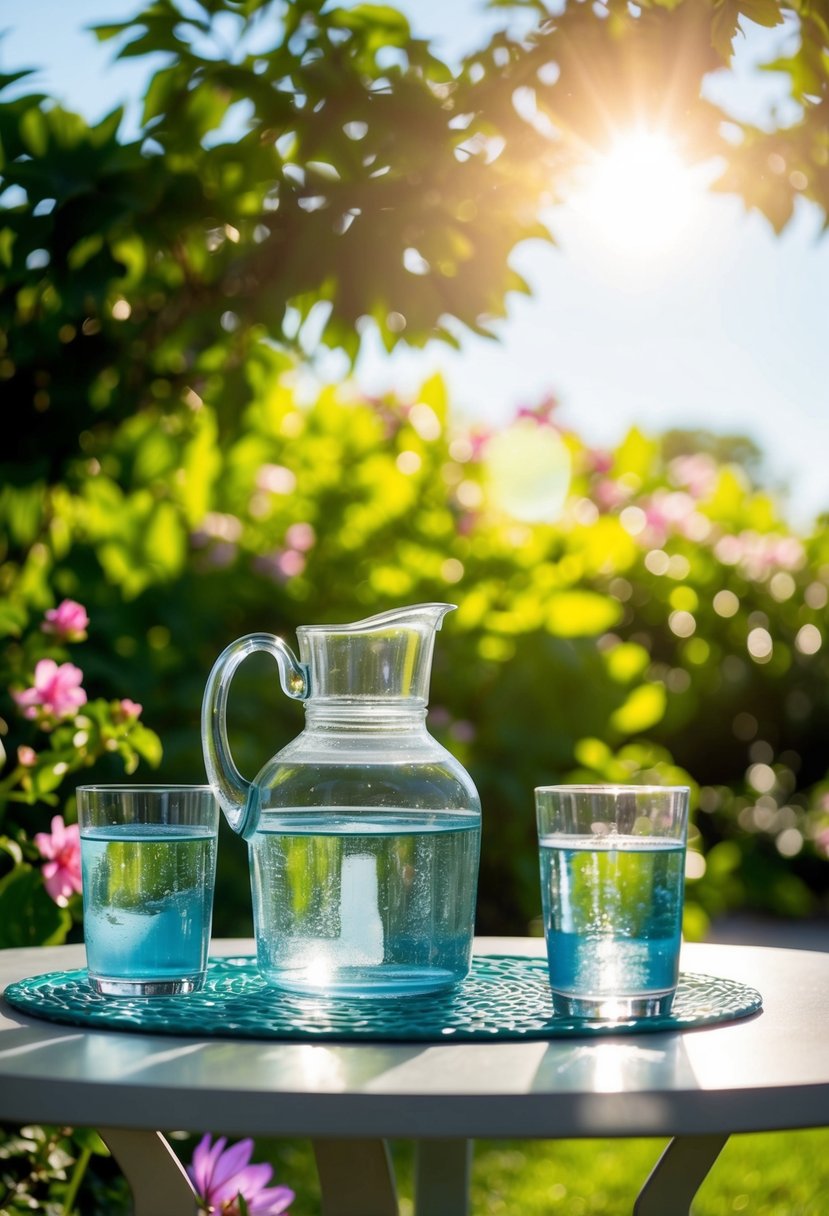 A table with a pitcher and glasses of water, surrounded by lush greenery and blooming flowers under a bright sun