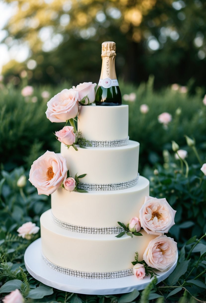 A tiered wedding cake adorned with delicate pink roses and a bottle of Prosecco nestled among greenery