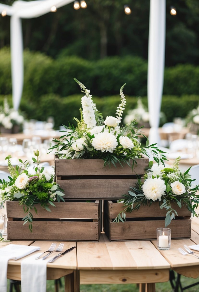 Sturdy wooden crates filled with flowers and greenery arranged on outdoor wedding tables