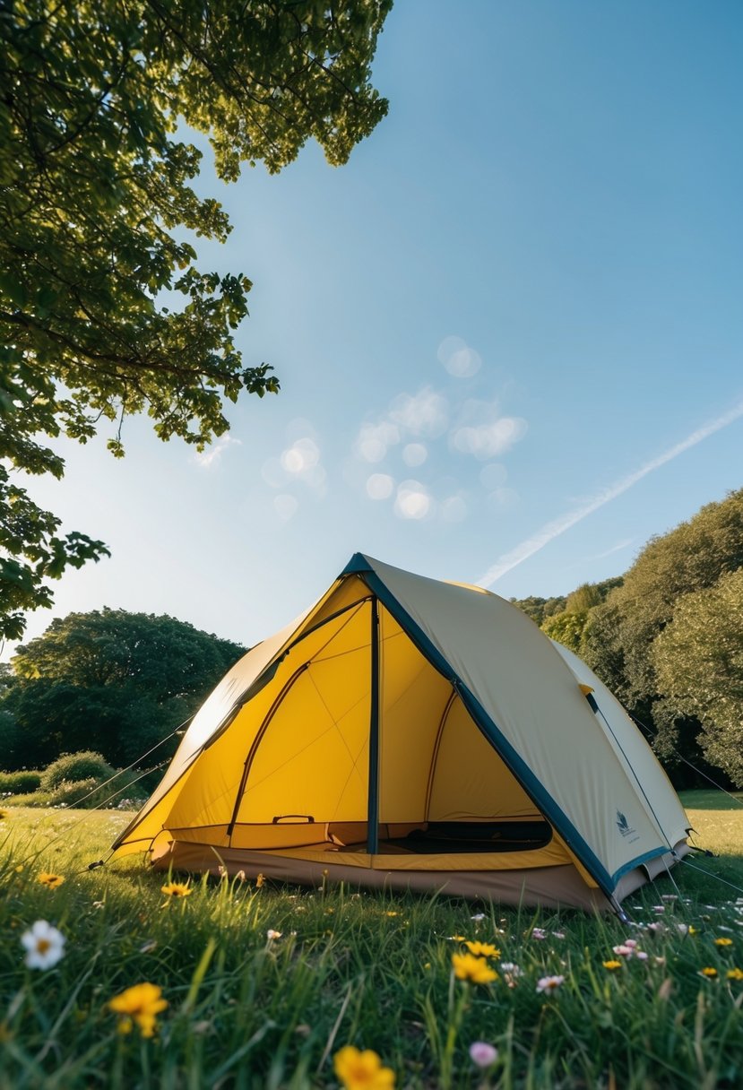 A tent pitched on grass with clear skies above, surrounded by trees and a scattering of flowers nearby