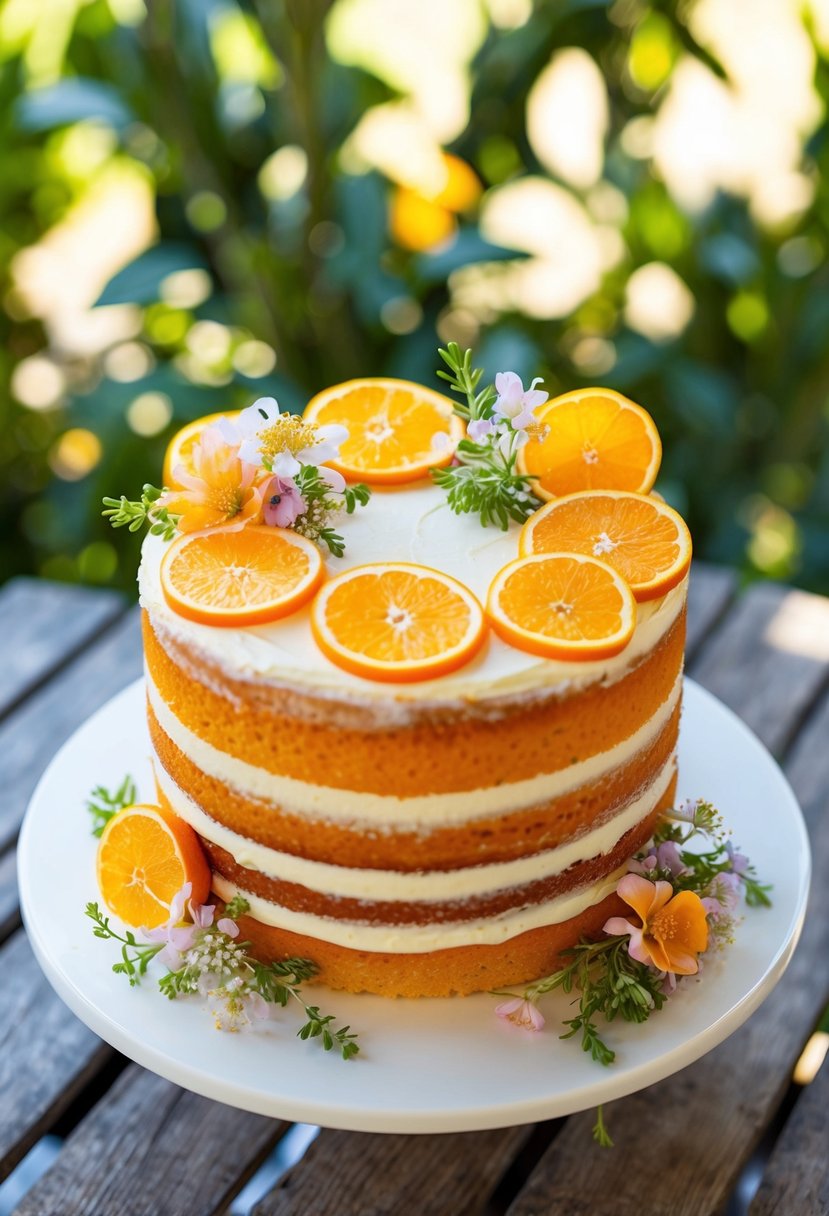 A vibrant orange cake adorned with fresh citrus slices and delicate flowers, set against a backdrop of sunlit greenery