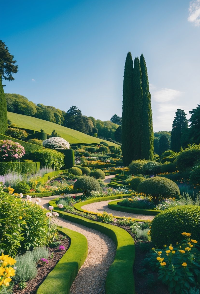 A lush garden with rolling hills, blooming flowers, and winding paths, surrounded by towering trees and a clear blue sky