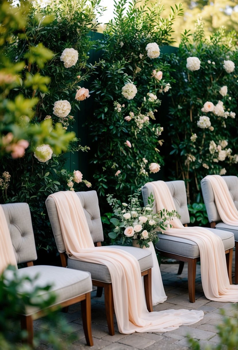 A cozy outdoor wedding seating area with cushioned chairs, draped with flowing fabric, surrounded by lush greenery and delicate flowers