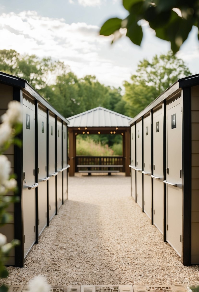 An outdoor wedding venue with clearly marked and easily accessible restroom facilities