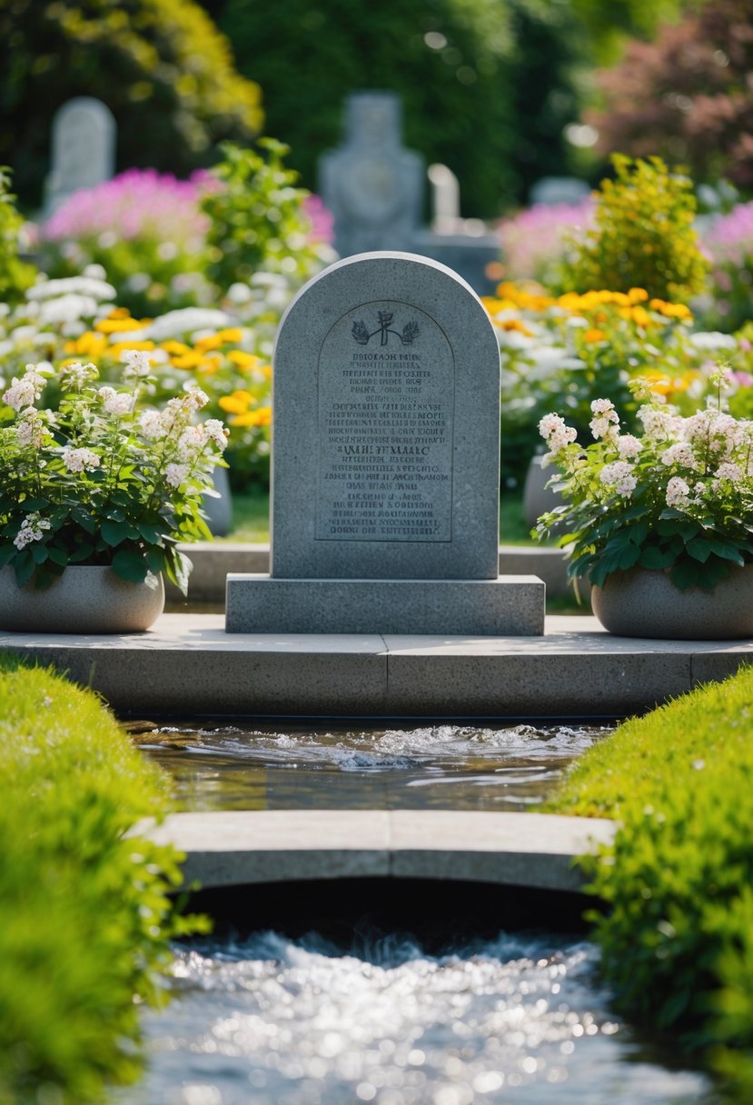 A serene garden with a stone memorial surrounded by blooming flowers and a flowing stream, with a peaceful atmosphere