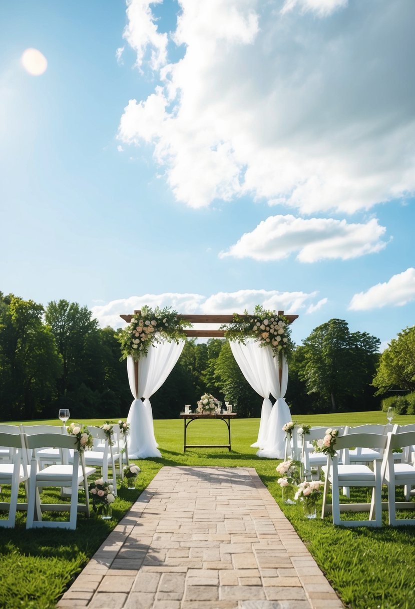 A sunny outdoor wedding with clear skies, a backup plan for rain, and versatile decor to accommodate different weather conditions