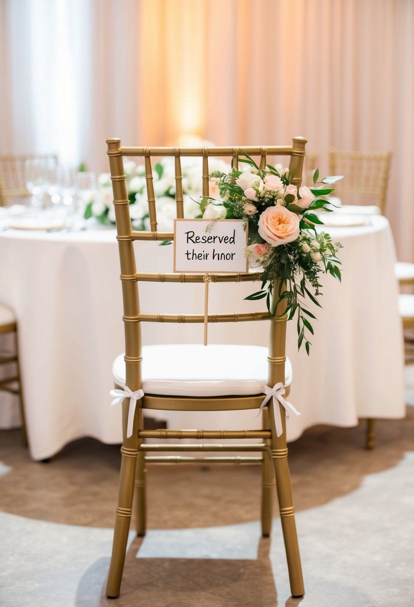 A beautifully decorated empty chair at a wedding reception, adorned with flowers and a small sign "Reserved in Their Honor"