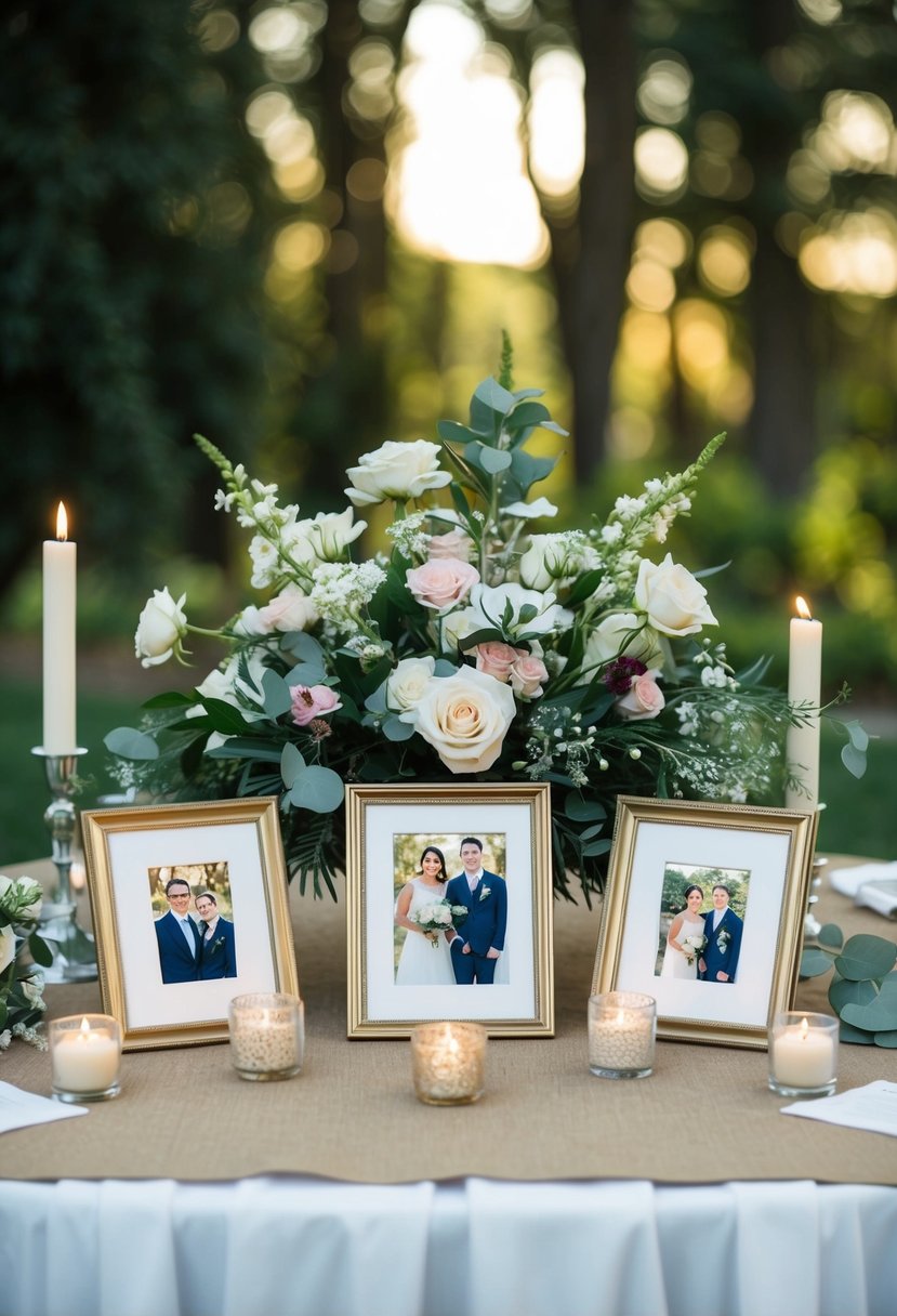 A table adorned with framed photos, flowers, and candles, serving as a wedding memorial