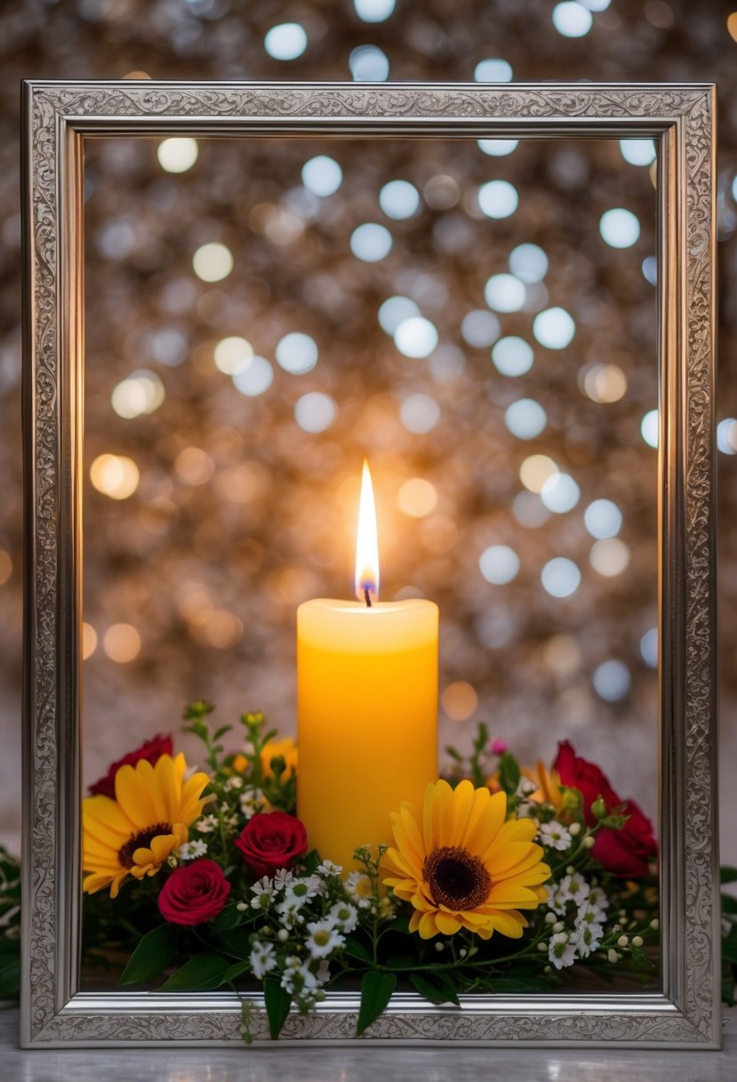 A single lit memorial candle surrounded by flowers and framed by a decorative backdrop