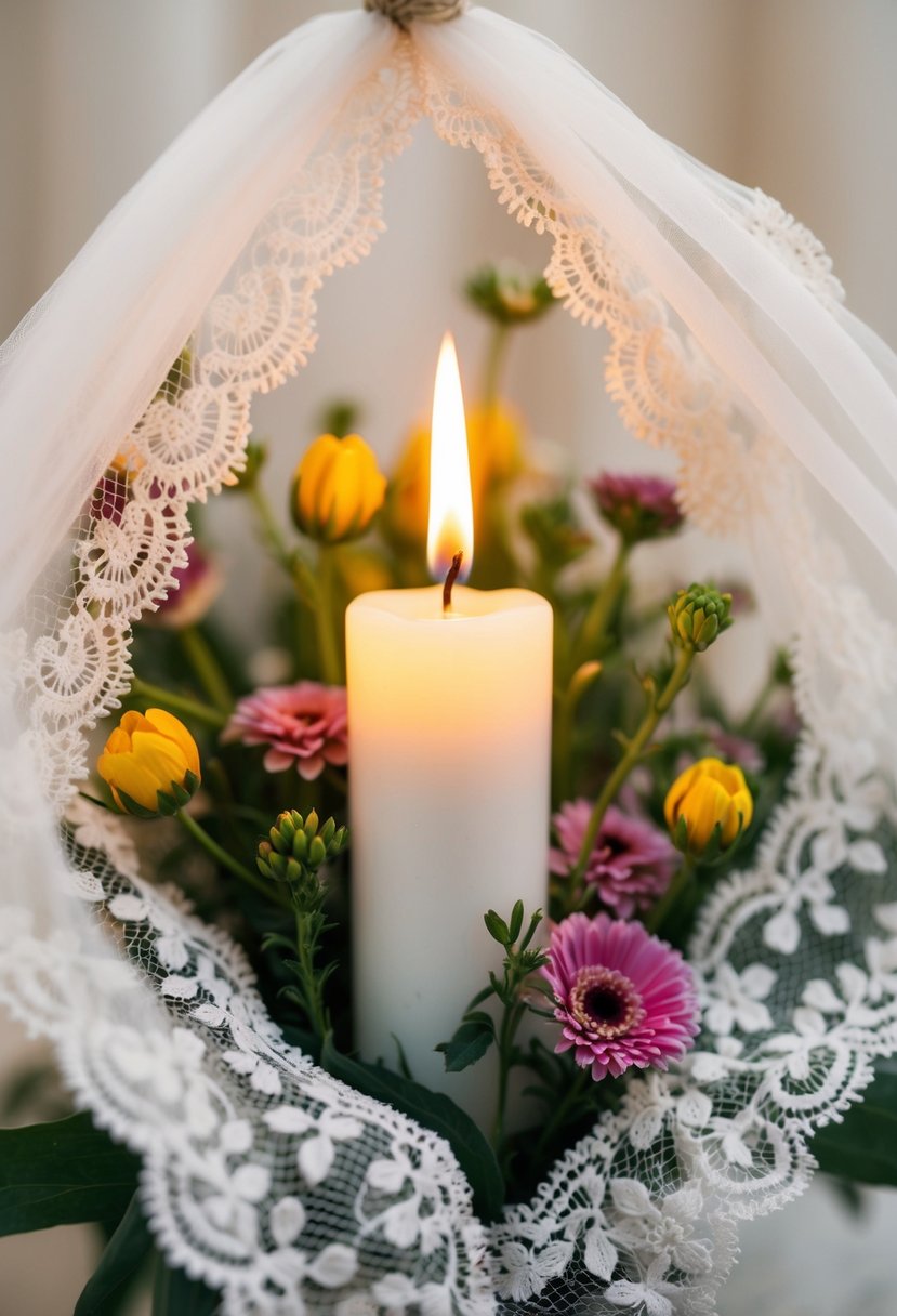 A single lit candle surrounded by flowers and framed by a delicate lace veil, set against a soft, blurred background