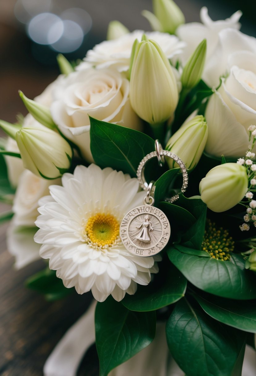 A wedding bouquet with a delicate Memorial Charm nestled among the flowers