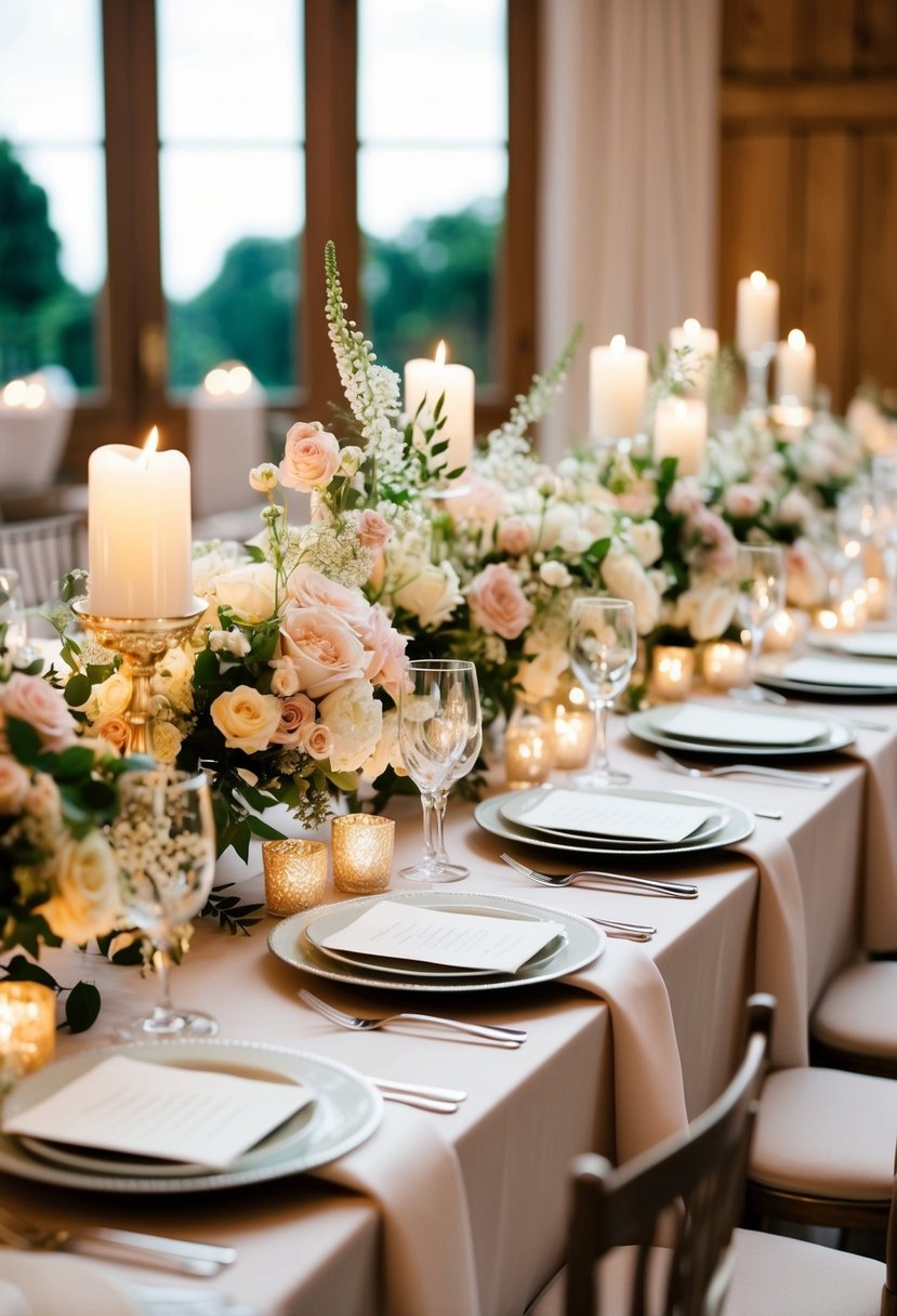 A beautifully set wedding table with elegant centerpieces, delicate floral arrangements, and sparkling candles