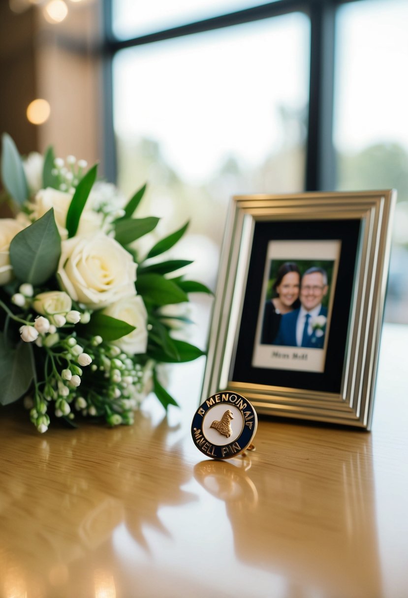 A small memorial lapel pin placed on a table next to a wedding bouquet and a framed photograph