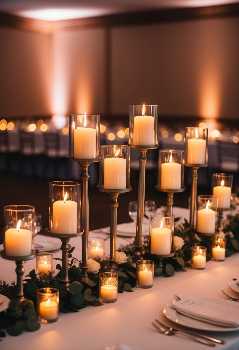 Several multi-level candles arranged on a wedding reception table, casting warm, flickering light and adding dimension to the elegant decor