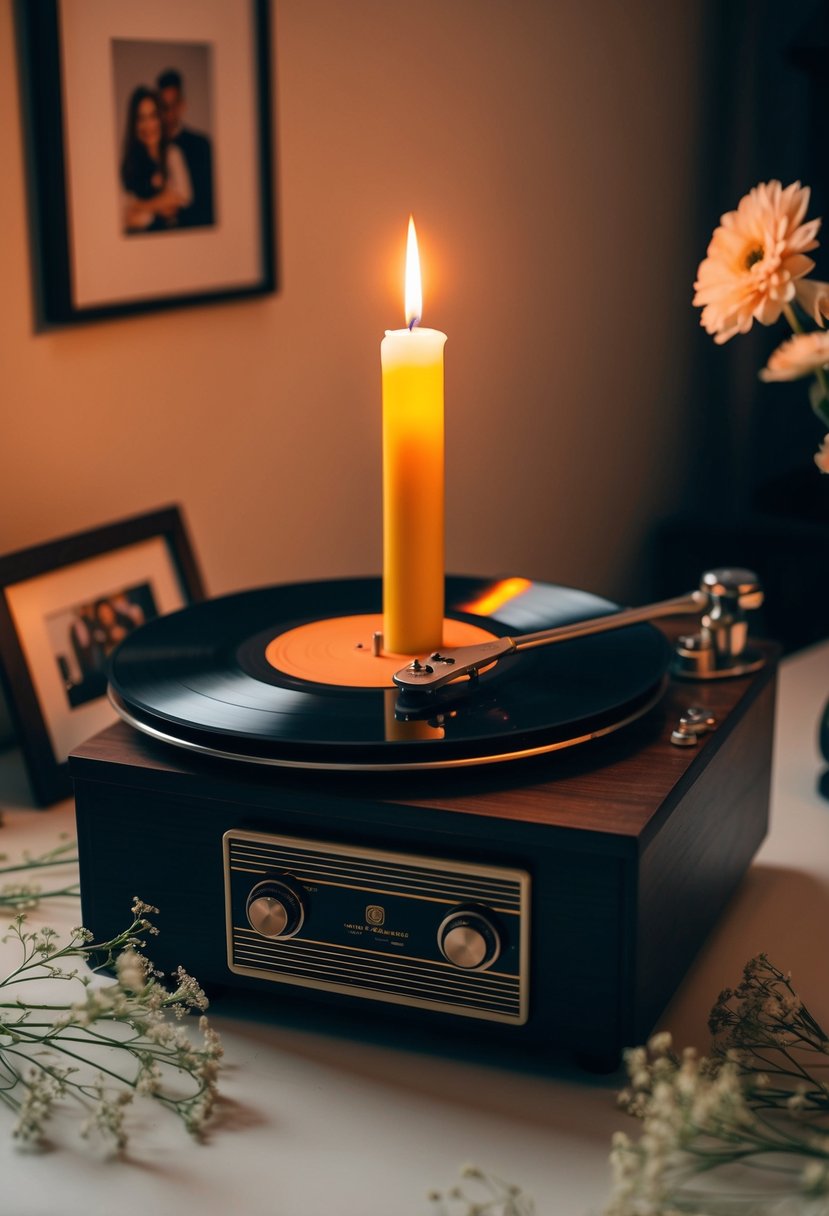 A single lit candle sits atop a vintage record player, surrounded by delicate flowers and framed photos, casting a warm glow in a dimly lit room