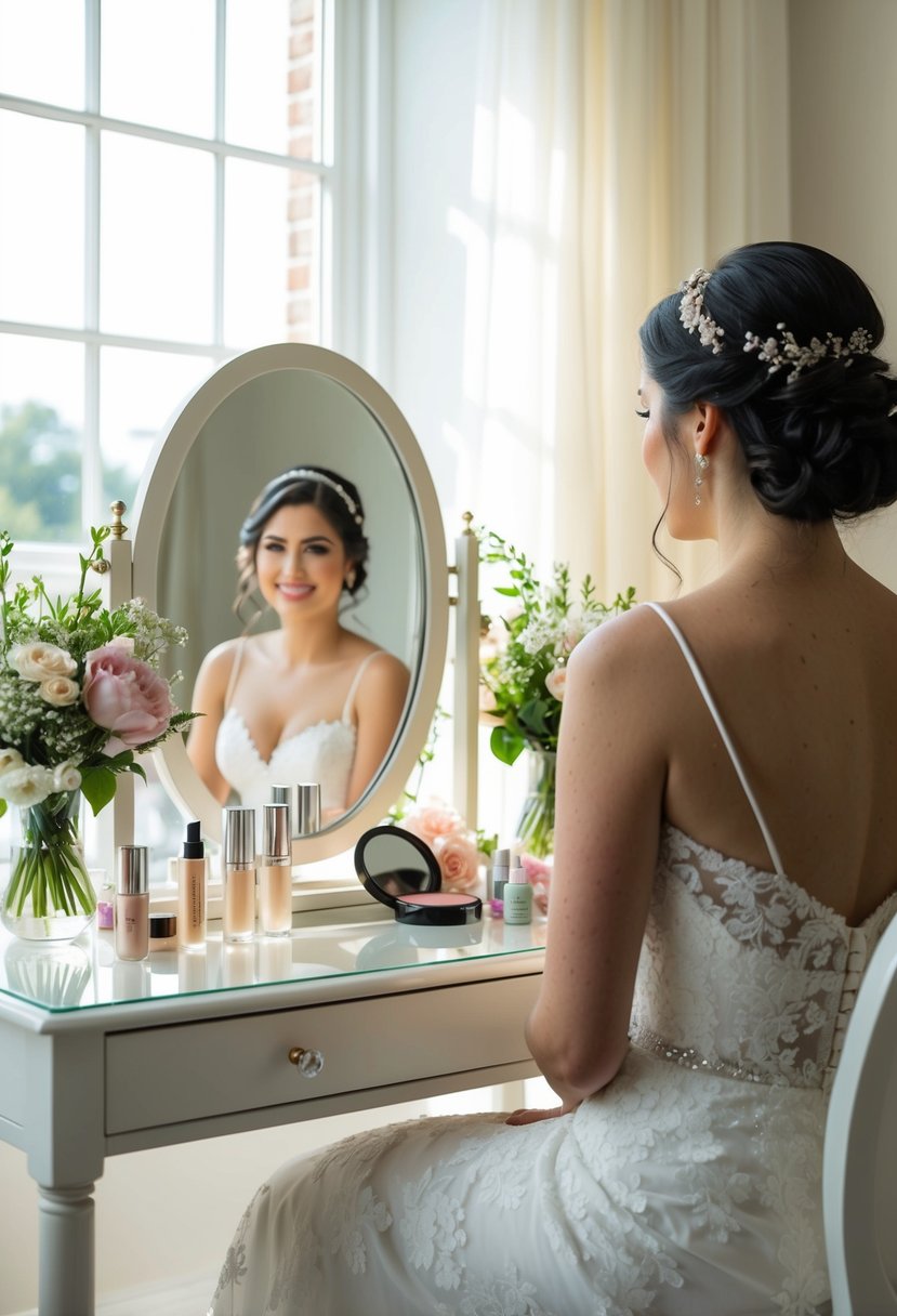 A bride sitting at a vanity table with a mirror, surrounded by flowers and makeup products. Sunlight streaming in through a window, creating a soft, natural glow