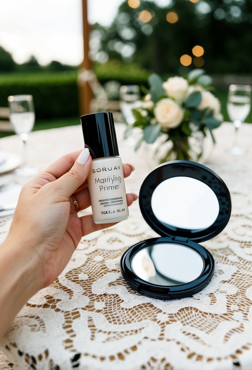 A hand holding a mattifying primer next to a compact mirror on a lace tablecloth at an outdoor wedding venue