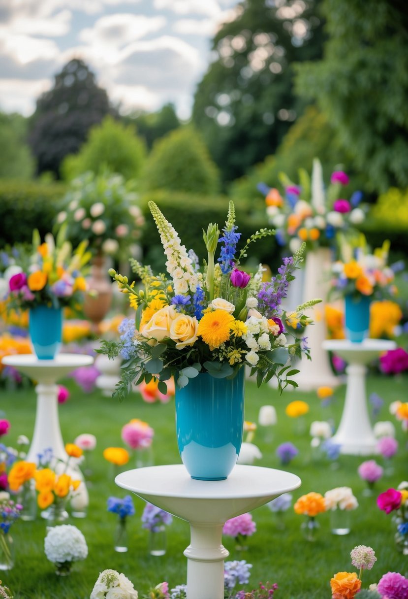 A serene garden with a variety of colorful flowers arranged in vases and scattered throughout the decor at a wedding memorial