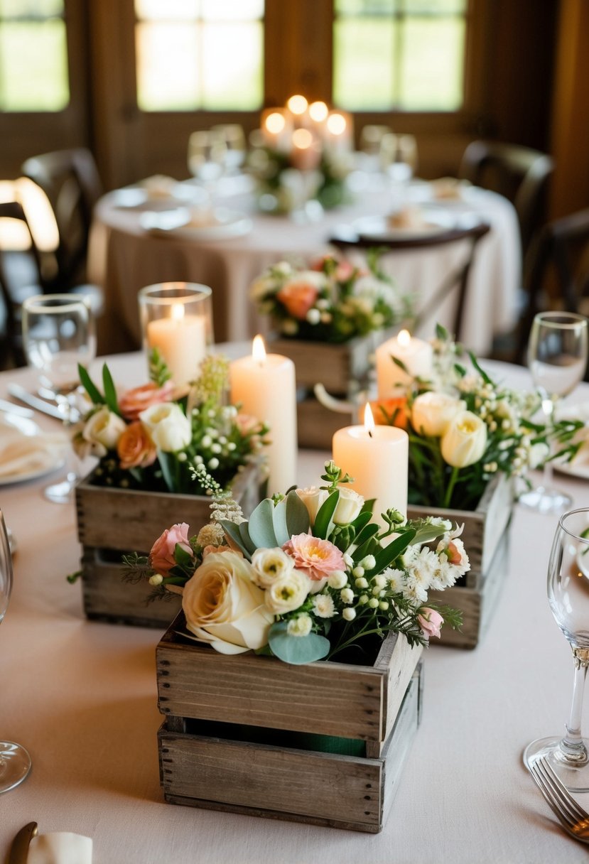 Miniature wooden crates filled with flowers and candles adorn rustic wedding tables