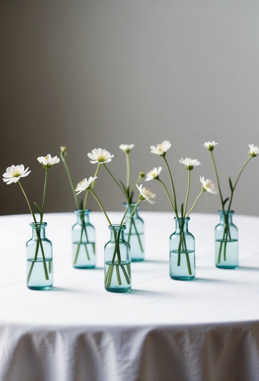 Several small bud vases with single stems of delicate flowers arranged on a white tablecloth with minimalistic decor