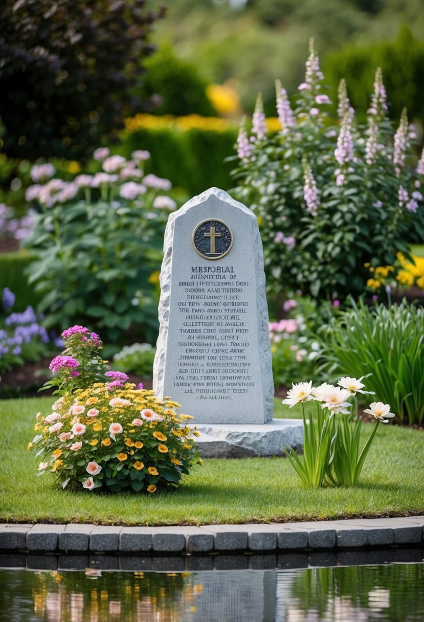 A serene garden setting with a stone memorial sign surrounded by blooming flowers and a tranquil pond