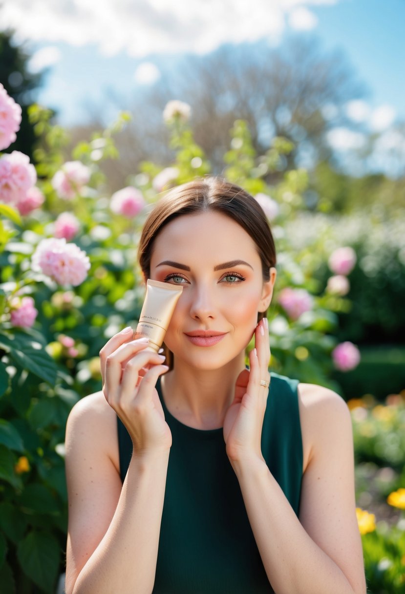 A woman applying lightweight foundation in a garden, with a sunny sky and blooming flowers in the background