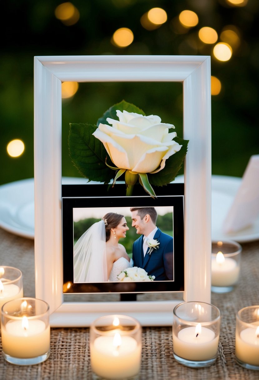 A single white rose boutonniere resting on a framed photo of the bride and groom, surrounded by soft candlelight