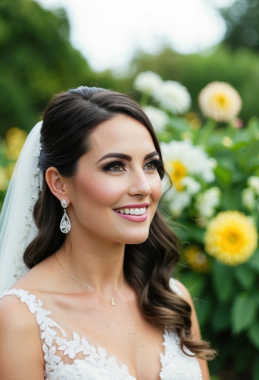 An outdoor wedding scene with a bride wearing waterproof mascara, with lush greenery and flowers in the background