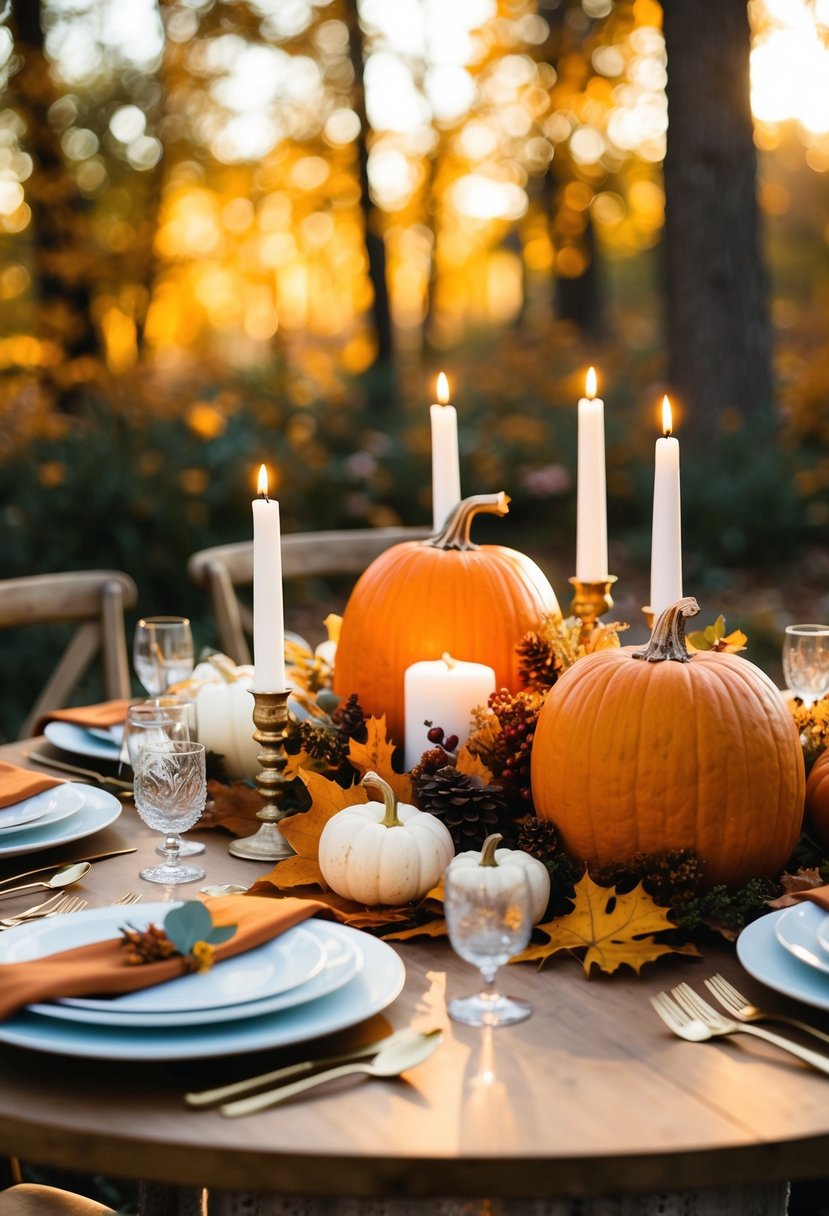 A wedding table adorned with autumn leaves, pumpkins, and candles