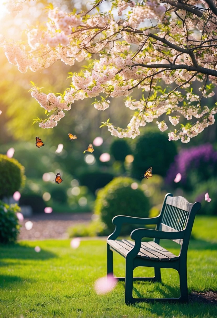 A serene garden with a bench under a blossoming tree, surrounded by soft sunlight and fluttering butterflies