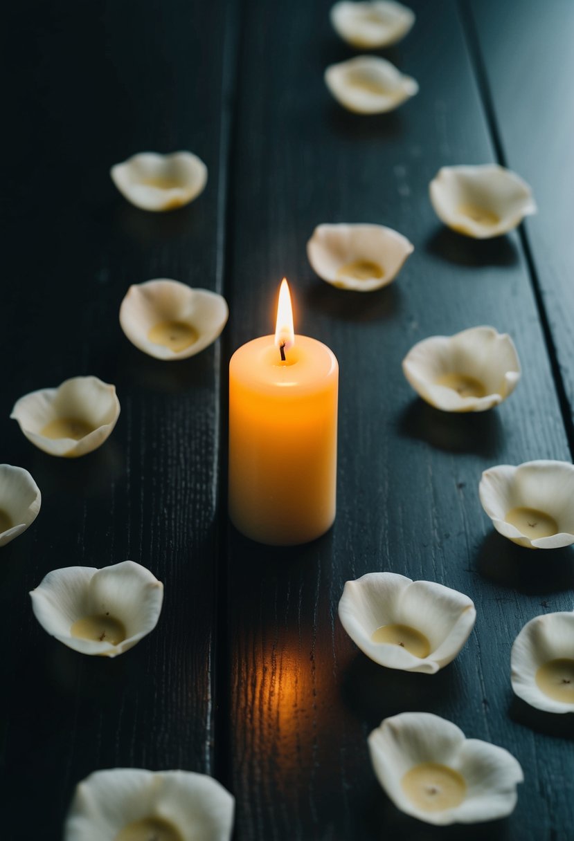 A single lit candle stands alone on a dark wooden table, surrounded by a circle of white rose petals