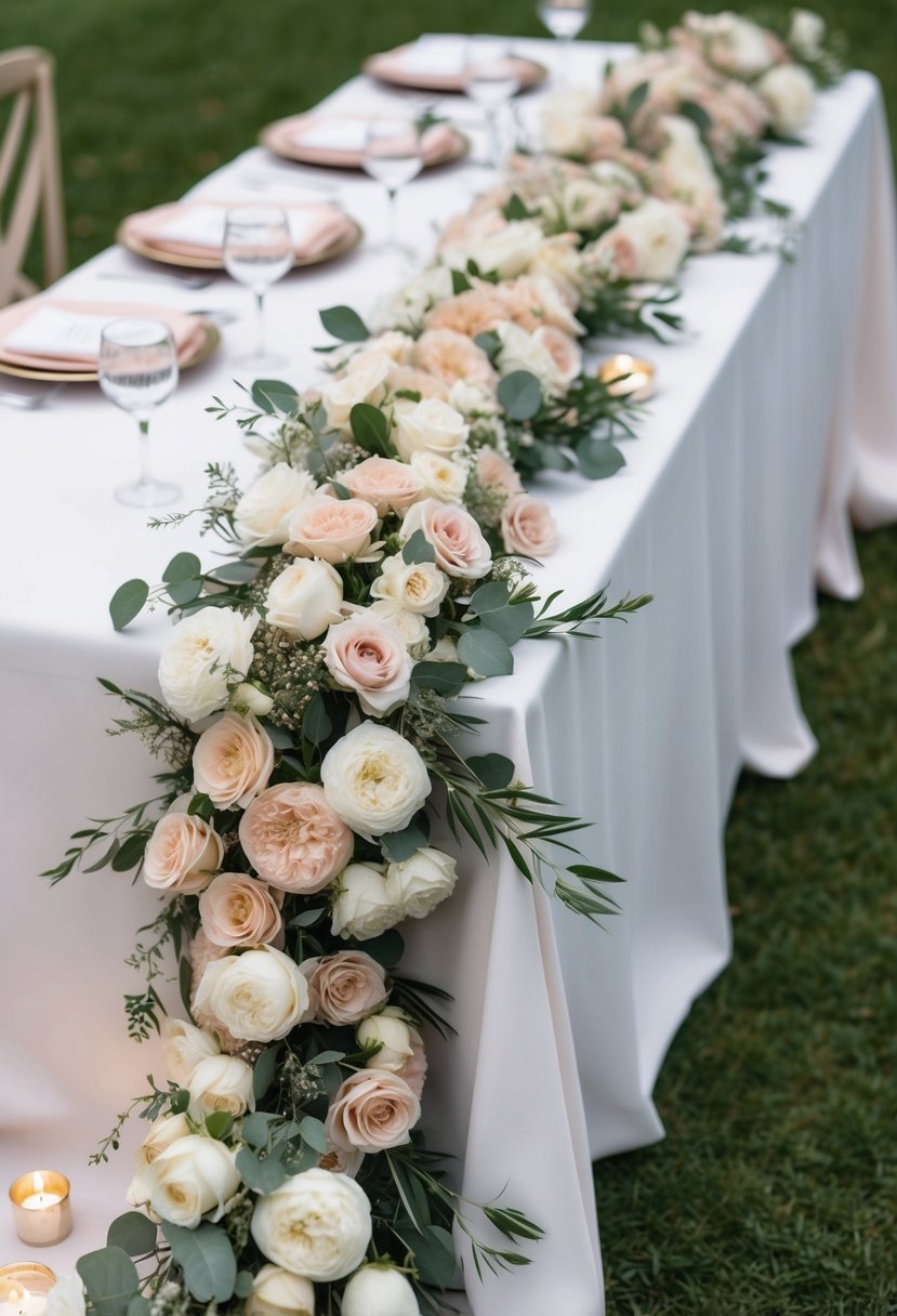 A soft color palette of blush and ivory florals cascading down a white tablecloth, accompanied by delicate greenery and scattered tea lights