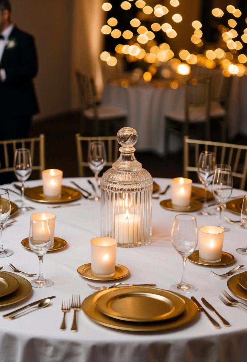 Votives and chargers arranged on a round table, casting a soft glow in an elegant wedding setting