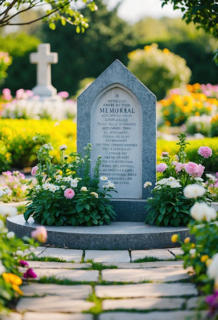 A serene garden with a stone memorial surrounded by blooming flowers and a gentle breeze