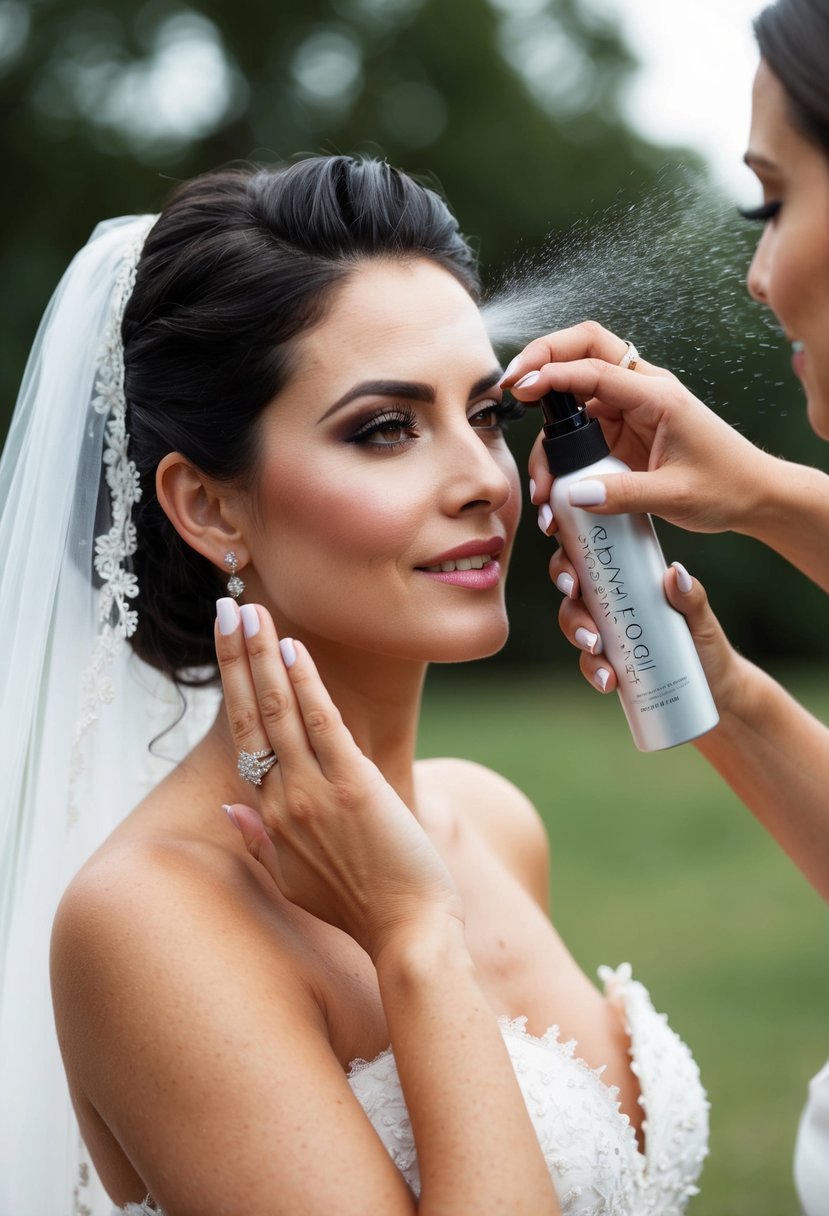 A bride's makeup artist sprays her face with setting spray, ensuring a long-lasting look for her outdoor wedding