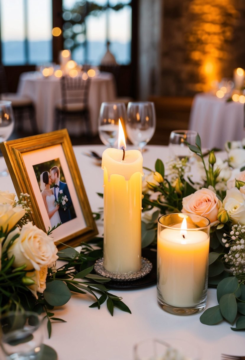 A candle is being lit on a table at a wedding reception, surrounded by flowers and framed photos