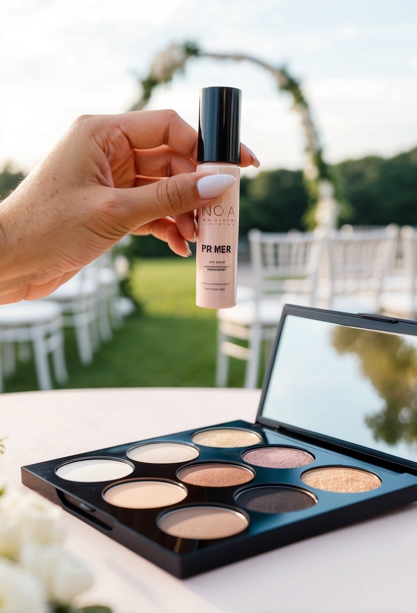 A hand applying eye primer to a palette of eyeshadow, set against a background of a serene outdoor wedding venue