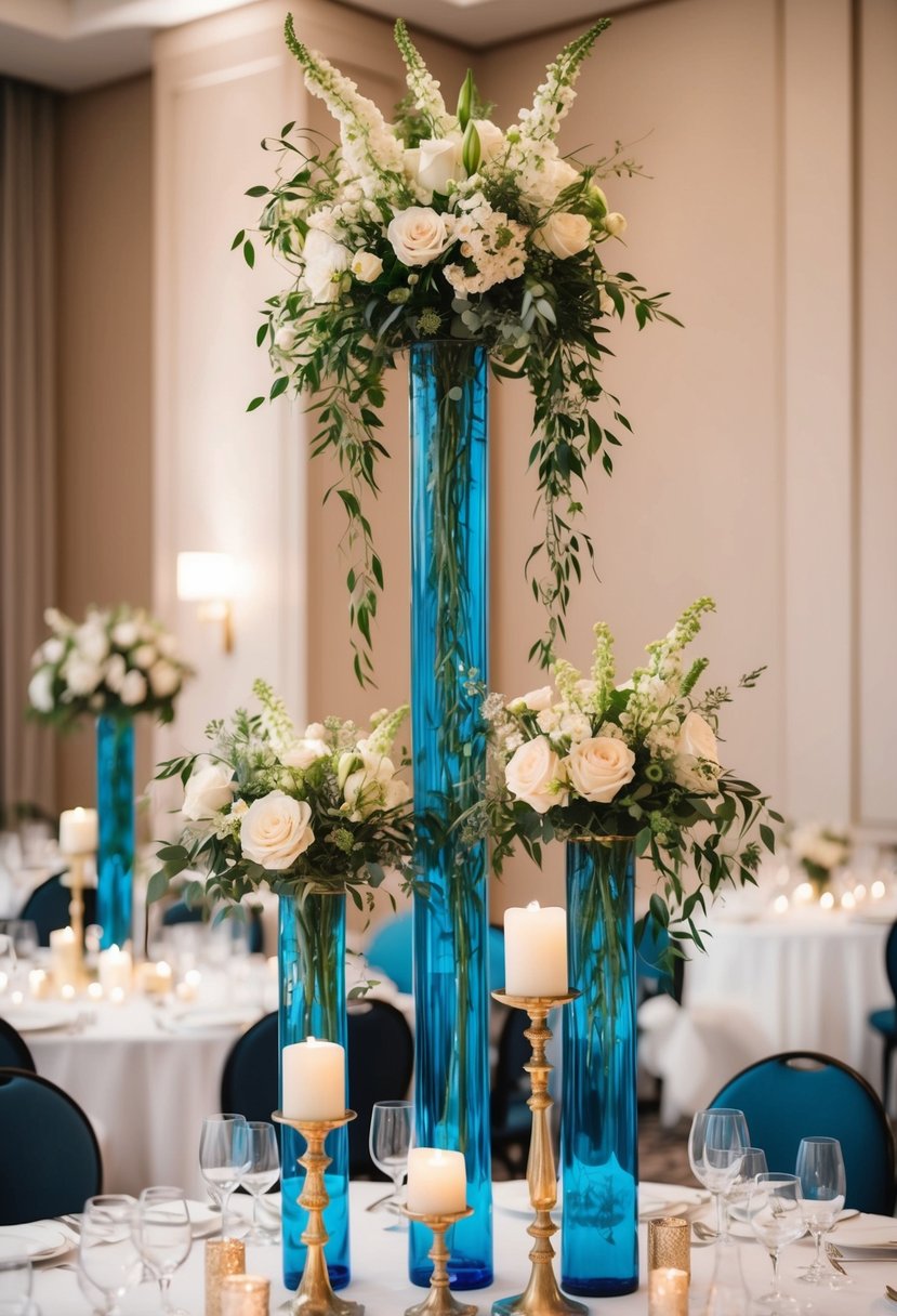 A mix of tall vases with cascading florals and short candle holders create dynamic height for wedding table decor